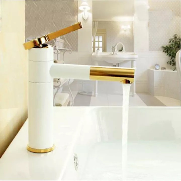 Vòi lavabo nóng lạnh bằng đồng hình trụ tròn 20cm sơn tĩnh điện Trắng Vàng cao cấp