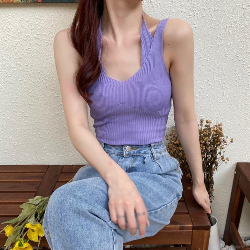 Áo Tank Top Dệt Kim Hai Dây Màu Trơn Dáng Ôm Gợi Cảm Cho Nữ
