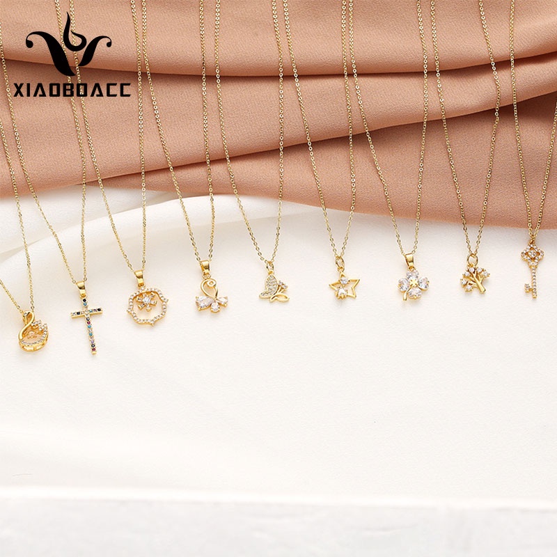 XiaoboACC Dây Chuyền Mặt Chữ Thập Bằng Thép Không Gỉ Mạ Vàng Đính Đá Zircon Không Dị Ứng Thời Trang Cho Nữ - 40CM+5CM