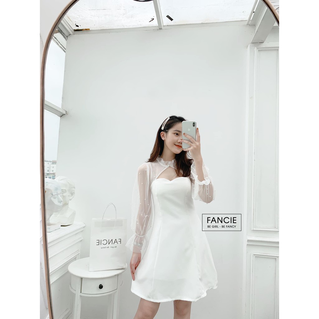 Đầm nữ tay dài phối lưới cổ tàu thời trang dự tiệc dạo phố ( có mút ngực ) | BigBuy360 - bigbuy360.vn