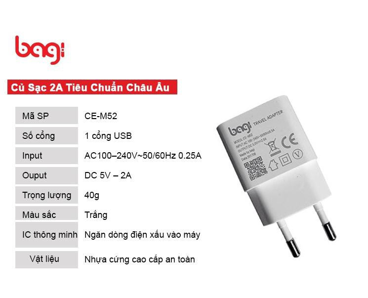 Củ sạc 5V-2A Bagi ( có chứng chỉ CE châu âu) CE-M52