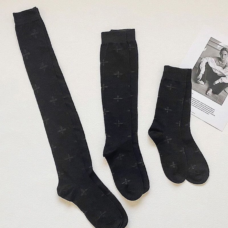 XIXI Tất Đen Dài Qua Gối Họa Tiết Đan Chéo Phong Cách Lolita Goth Cho Nữ