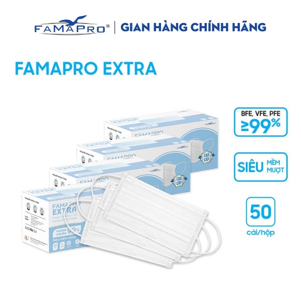 [Extra- COMBO 4- HỘP 50 CÁI] Khẩu trang y tế kháng khuẩn 4 lớp Famapro Extra (50 cái/ hộp)