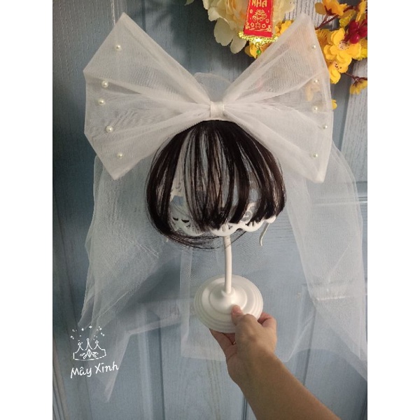 Lúp cô dâu nơ to đính hạt xinh cho bé - không kèm tóc