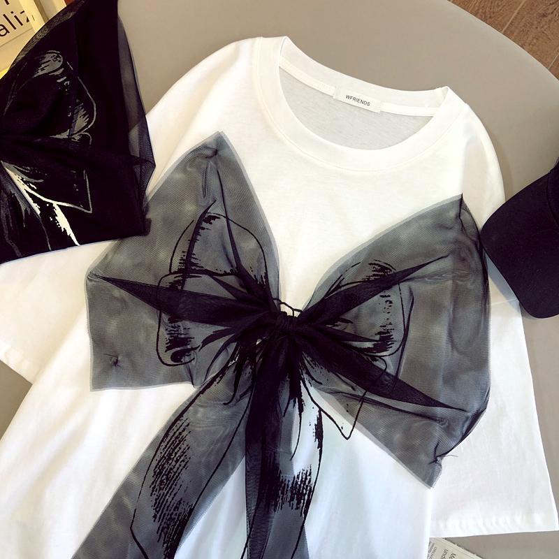 Áo thun ngắn tay dáng rộng đính nơ phong cách Hàn Quốc thời trang hè xinh xắn cho nữ