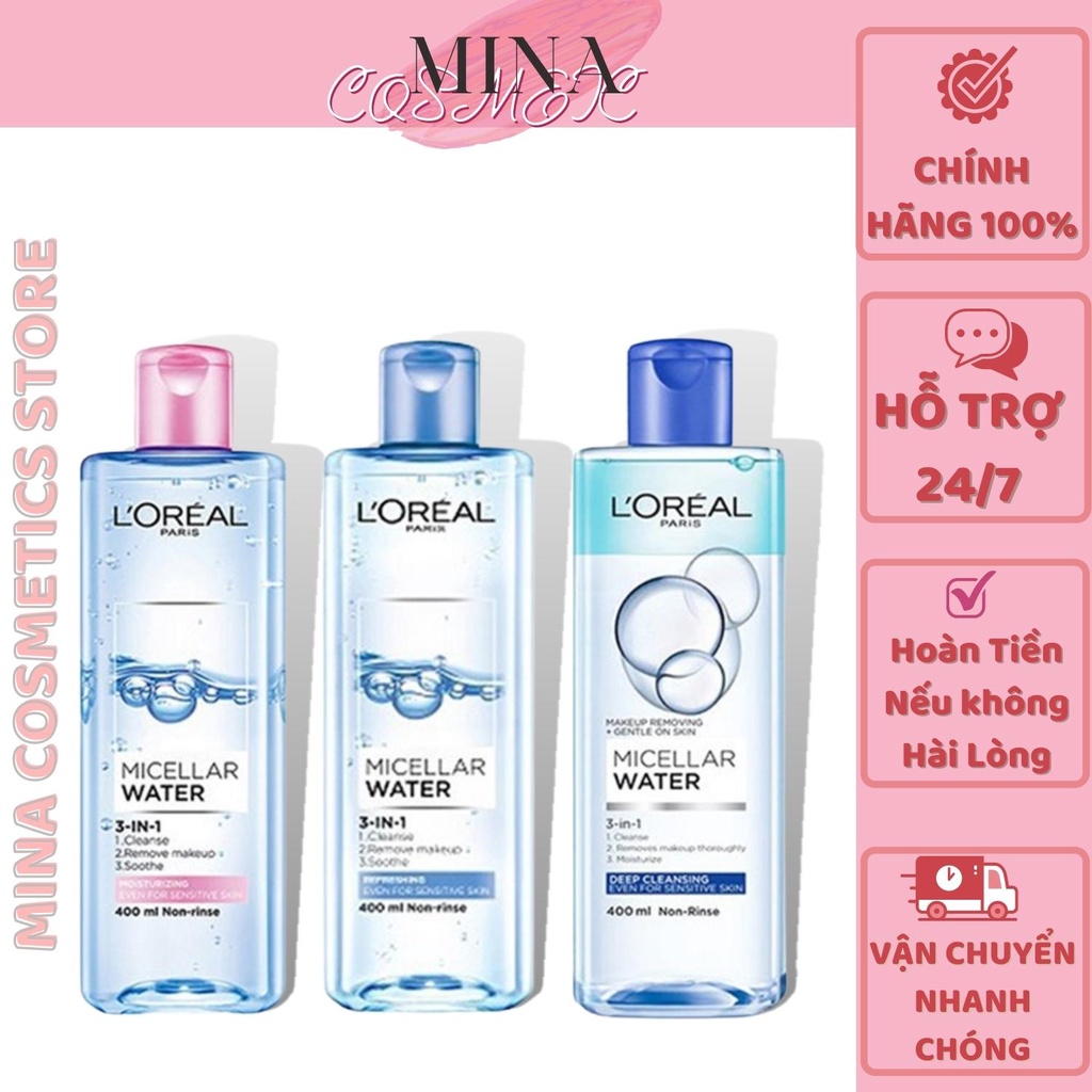 Nước tẩy trang [Sạch 100%-Hàng AUTH] Nước tẩy trang cho mọi loại da L'Oreal Paris 3-in-1 Micellar Water 400ml