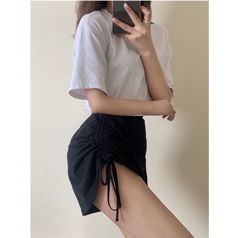 Happy-store ❤️ Quần Short Thể Thao Lưng Cao Màu Trơn Phối Dây Rút Thời Trang Hàn Quốc Cho Nữ Happy store