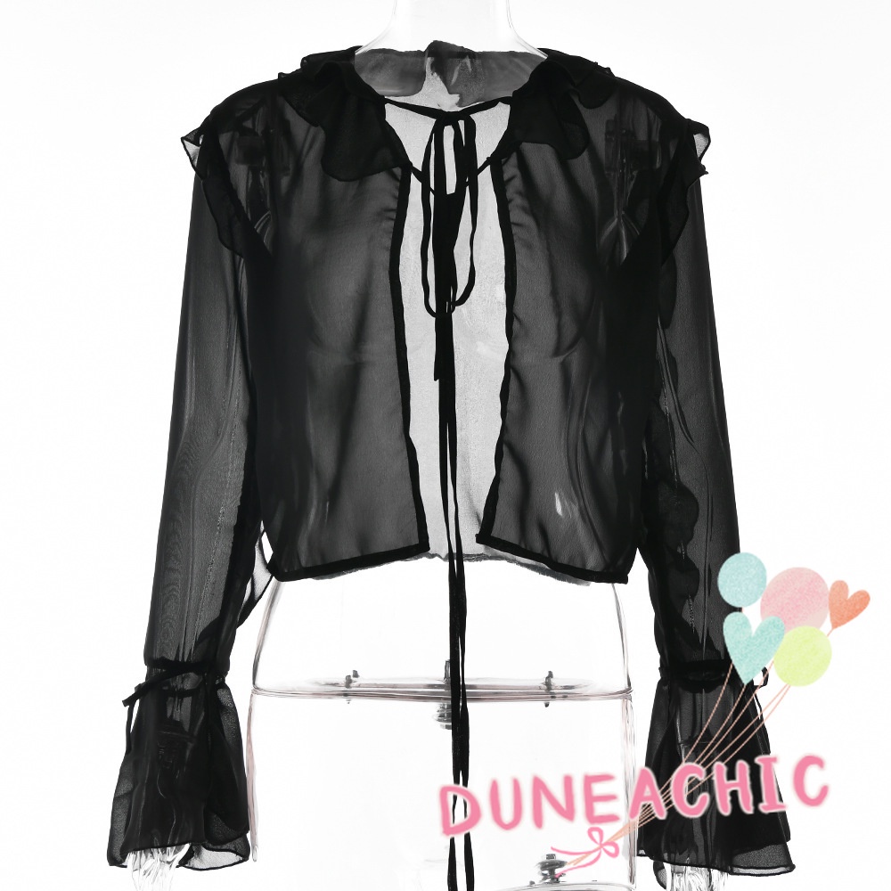 Áo Thun Tay Dài Phối Bèo Xuyên Thấu Chống Nắng Thời Trang Mùa Hè Cho Nữ