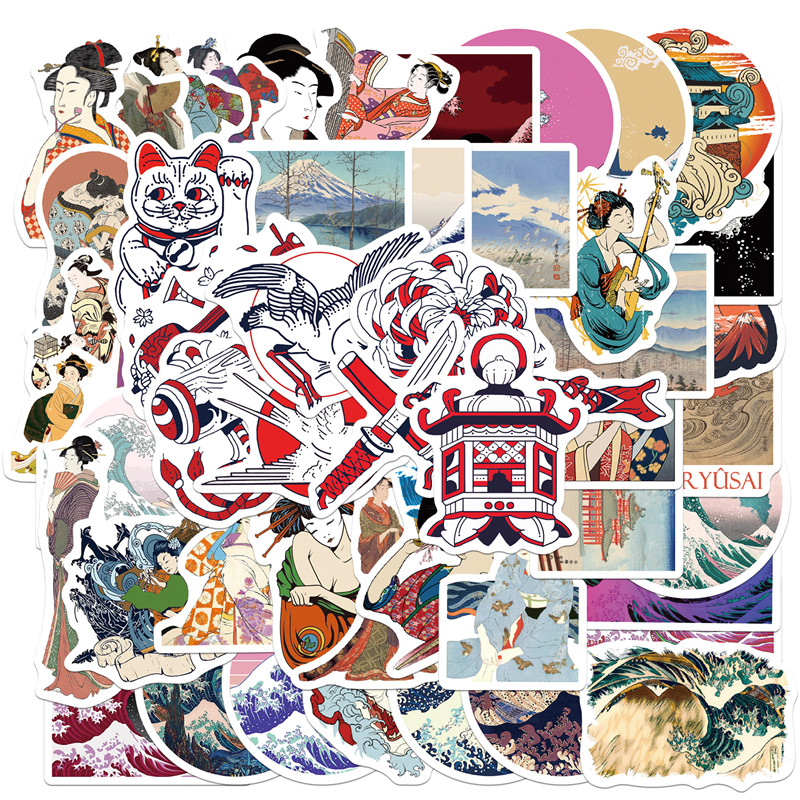 Bộ 100 miếng dán hình sóng biển kanagawa nghệ thuật