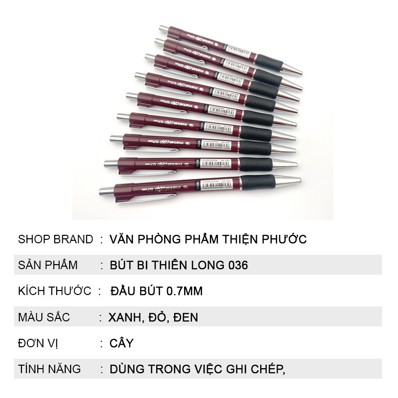 Bút bi Thiên Long 036 xanh, Đầu bút 1.0mm cho nét bút đậm viết đẹp THIỆN PHƯỚC
