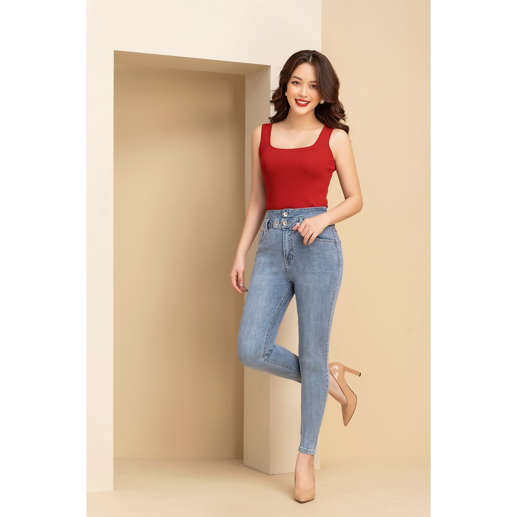 Quần jeans nữ lưng cao 2 cạp 3 cúc Luperi dáng baggy ôm cạp cao from tôn dáng chất jean thun co giãn tốt LFQJ167