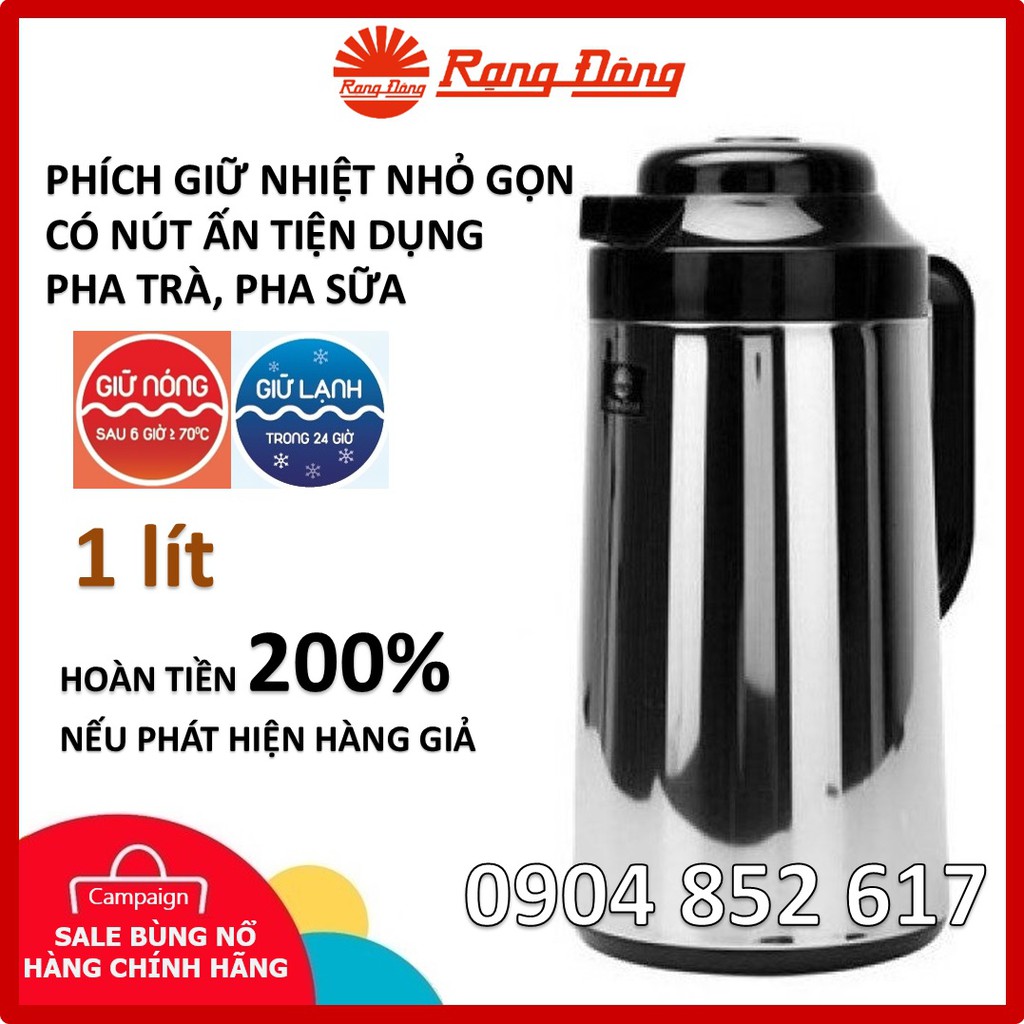 Phích nước Rạng Đông INOX cao cấp 1 lít có nút ấn tiện dụng, pha sữa, pha trà