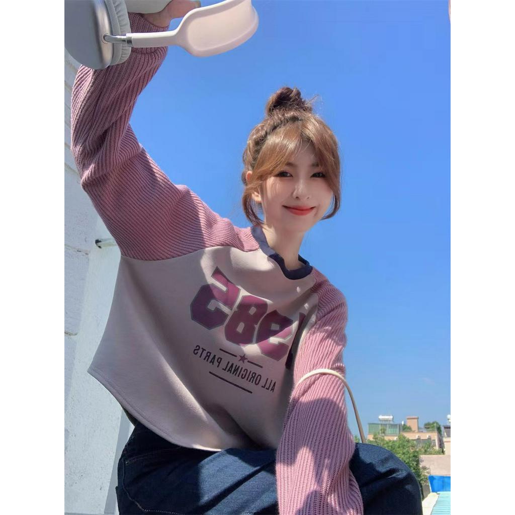 Áo Sweater Cổ Tròn Tay Dài Dáng Rộng In Chữ Màu Sắc Tương Phản Phong Cách Hàn Quốc 56127