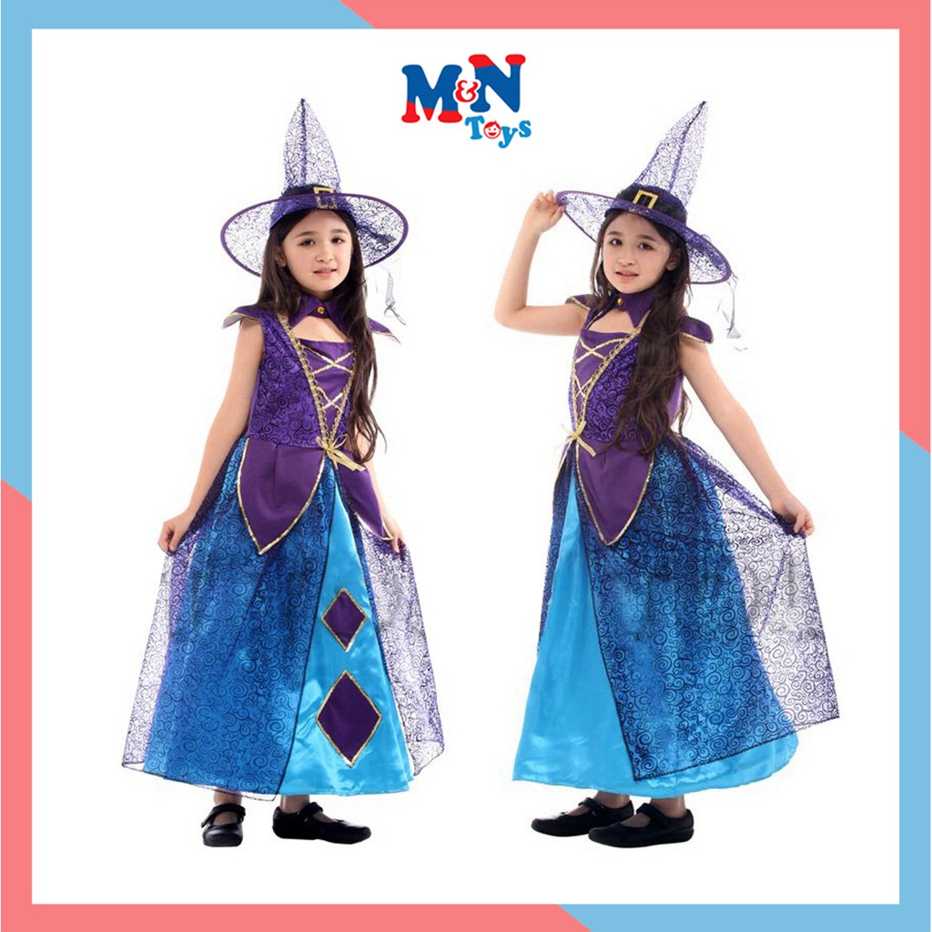 Bộ váy Phù thủy xanh tím G0291 dài hóa trang Halloween cho bé từ 4-12 tuổi