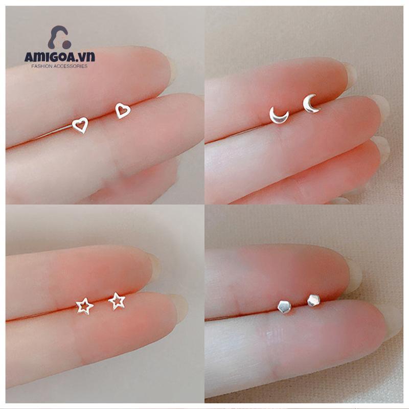 ✨✨1 đôi khuyên tai bạc S925 hình mặt trăng ngôi sao đơn giản không dị ứng cho học sinh