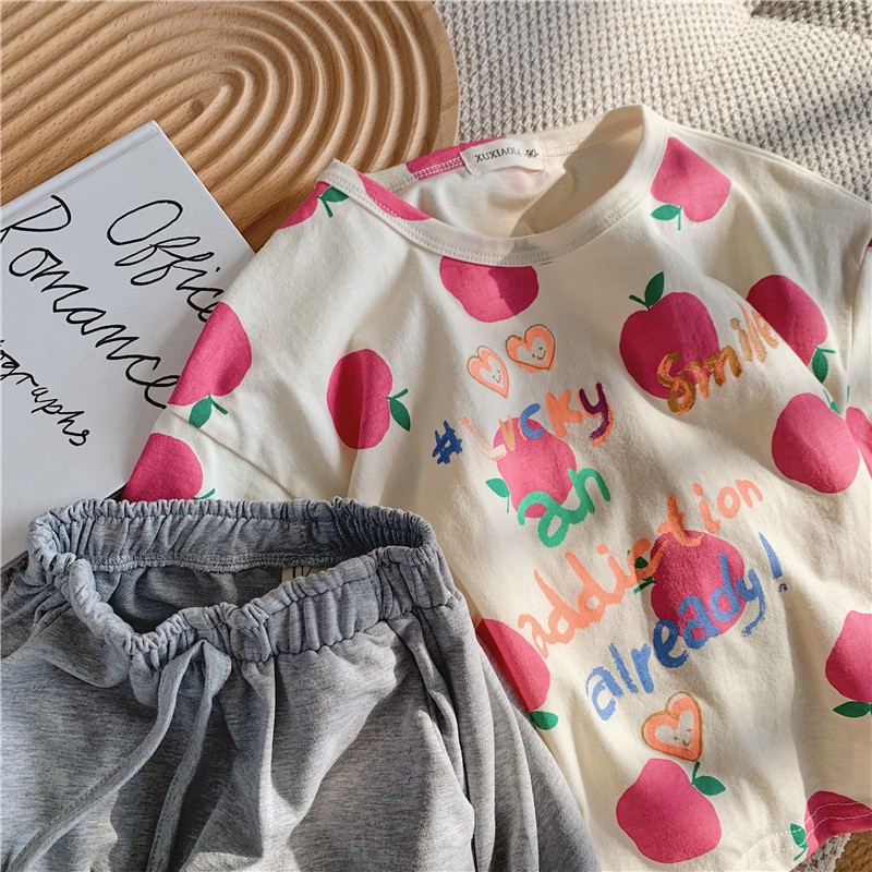 Quần áo trẻ em Xuân Hè 2021 Sản phẩm mới cho các bé trai và bé gái  trẻ em và trẻ em, đầy trái cây in hình táo tay ngắn t