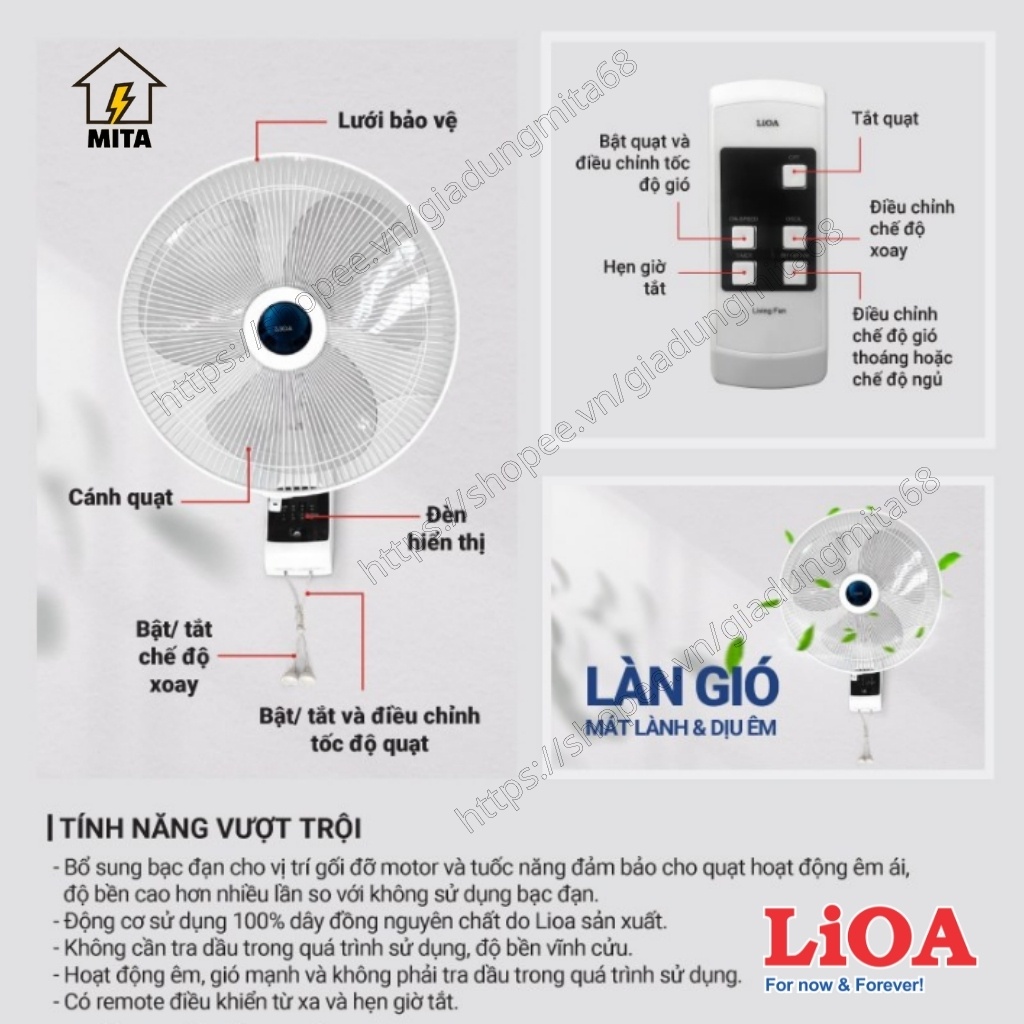 Quạt treo tường có điều khiển LiOA QT-409K - MITA