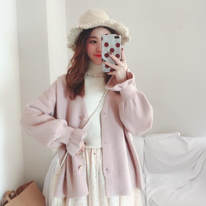 Áo Khoác Cardigan Dệt Kim Màu Xanh / Vàng / Hồng / Be