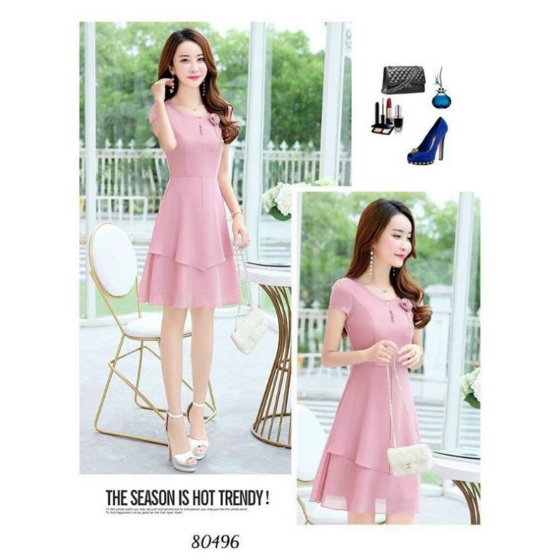 < size M, L, XL > Đầm nữ dáng xòe Chất chiffon 2 lớp cao cấp, thiết kế chuẩn dáng, kết hoa vải gắn ngọc | BigBuy360 - bigbuy360.vn