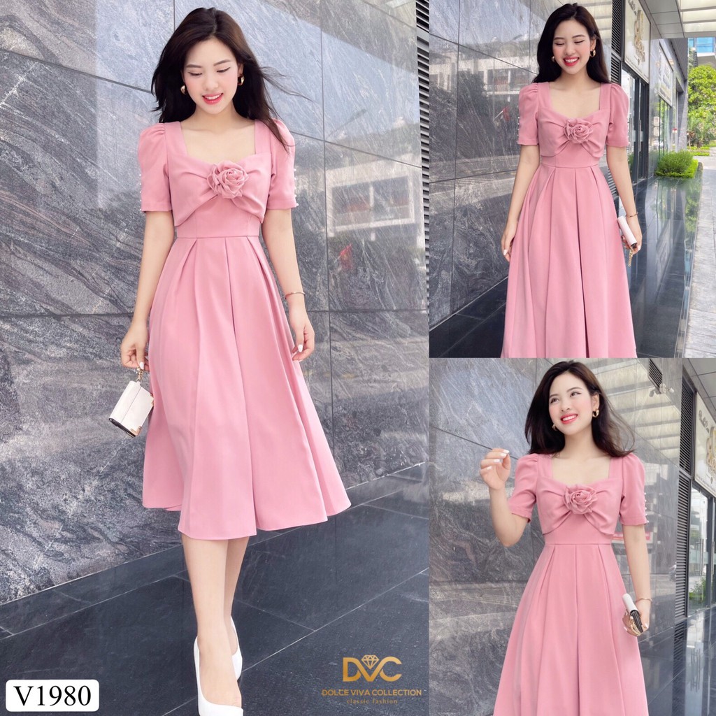 Váy hồng xòe hoa ngực V1980 - DOLCE VIVA COLLECTION