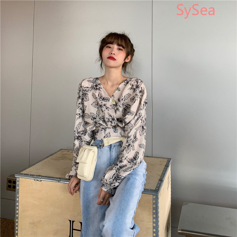 Áo Sơ Mi Tay Dài Cổ Chữ V Họa Tiết Hoa Phong Cách Retro