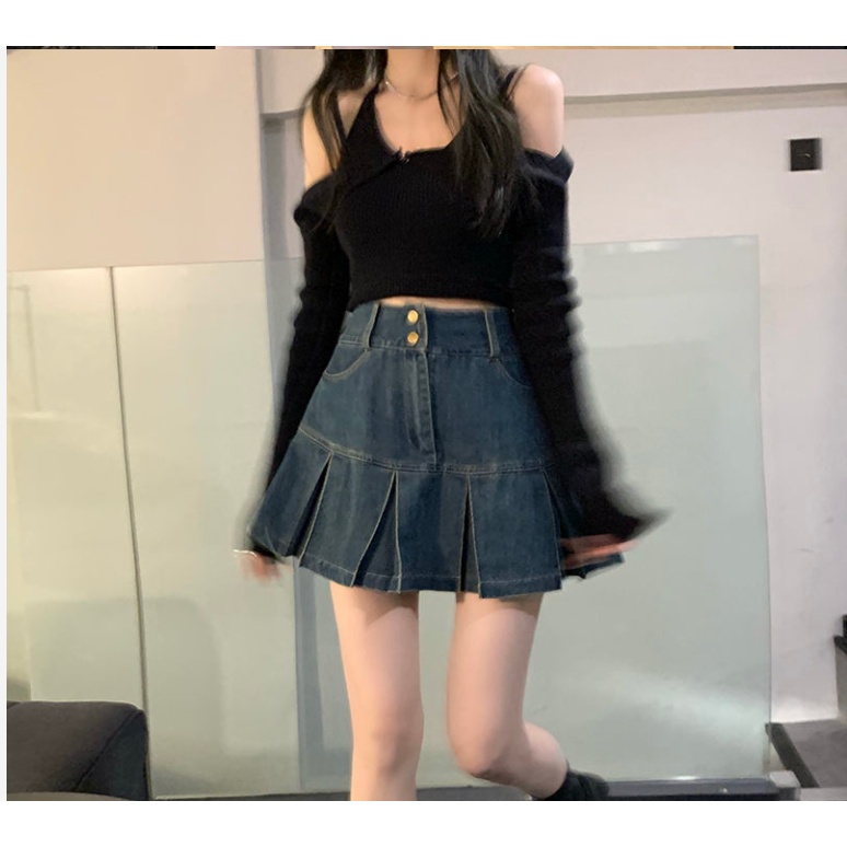 Jiashucheng Chân Váy Denim Chữ a Xếp Ly Lưng Cao Phong Cách Retro Mùa Hè Mới Cho Nữ