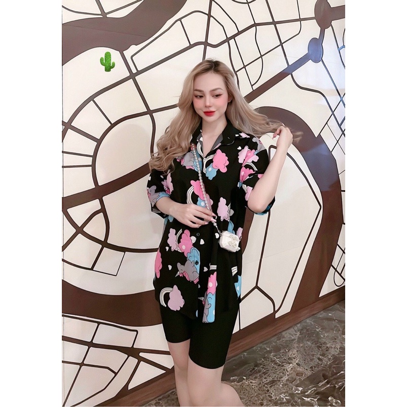 Áo sơ mi tay lỡ form rộng in hình họa tiết đám mây cầu vồng cực xinh , chất kate mềm mịn mát