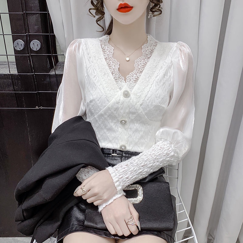 Áo ren cổ chữ V dài tay thời trang mùa thu mới dành cho nữ 2021