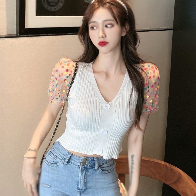 Áo Ngắn Tay Cổ Chữ V Phối Lưới Xinh Xắn Dành Cho Nữ