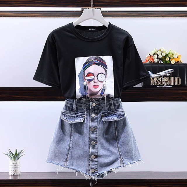 {order 15 ngày} Bigsize Set áo phông cô gái + quần giả váy jeans hàng quảng châu