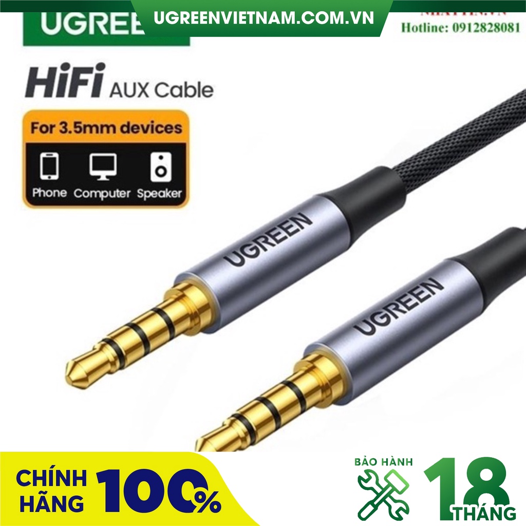 Cáp âm thanh AUX 3.5mm 2 đầu dương 4 cực bện nylon hỗ trợ mic Ugreen cao cấp