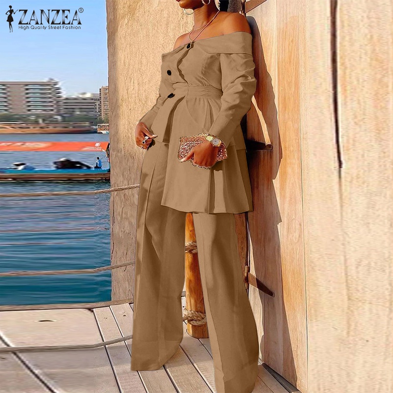 Zanzea Bộ Áo Dài Tay Lệch Tà + Quần Dài Ống Đứng Thời Trang Đường Phố Châu Âu Cho Nữ