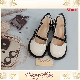 Giày sandal cao gót nữ da bóng phối nơ gót vuông cao 6cm - hàng quảng châu