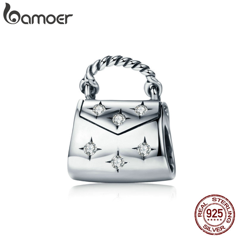 Hạt charm Bamoer hình túi xách bằng bạc 925 xinh xắn làm vòng tay dây chuyền dành cho nữ
