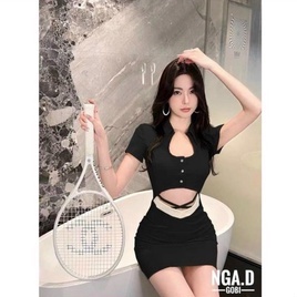 Đầm body ngắn tay khoét eo viền trắng 2 dây chéo cực sexy , chất thun bozip dày dặn ly