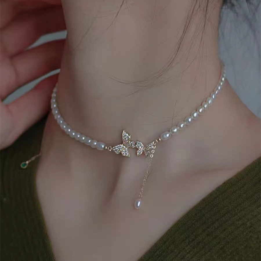 Vòng cổ Mặt Hình Bướm Đính Ngọc Trai Nhân Tạo Thời Trang Cho Nữ