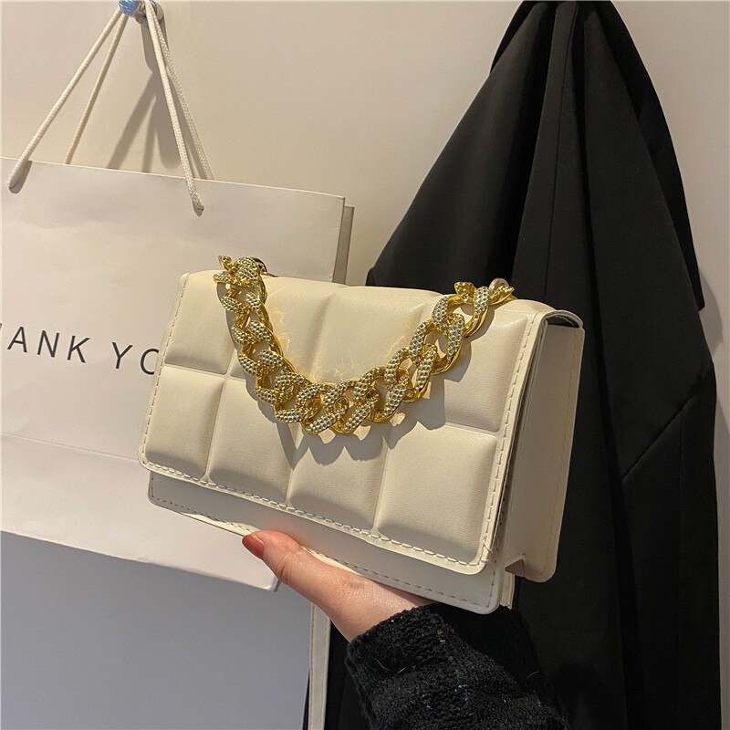 Túi đeo chéo Jasmin Noir dáng vuông nhỏ may chần kẻ ô phối quai xích thời trang cho nữ
