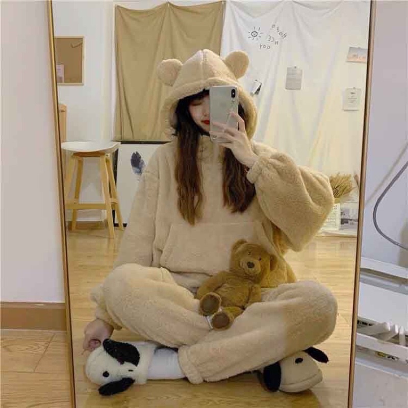 Bộ lông nam nữ Tai GấuĐồ ngủ mùa Đông mặc nhà hoodie Ullzang phong cách Hàn Quốc☘️Lông cừu giữ nhiệt,dày dặn Free ship