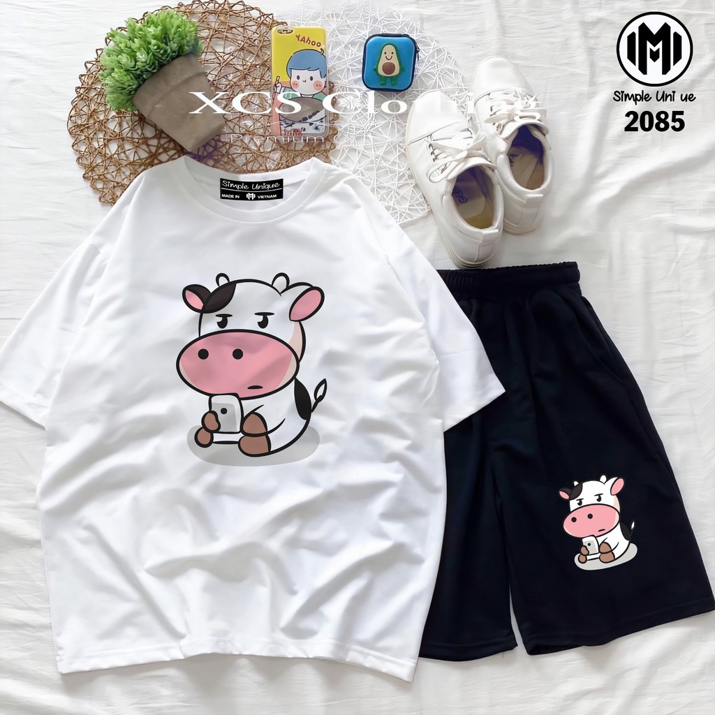 Đồ Bộ Hoạt Hình Unisex BÒ SỮA Aossi , Set Cartoon,  Thun Cotton , Quần short Unisex Nam Nữ Đều Mặc Được