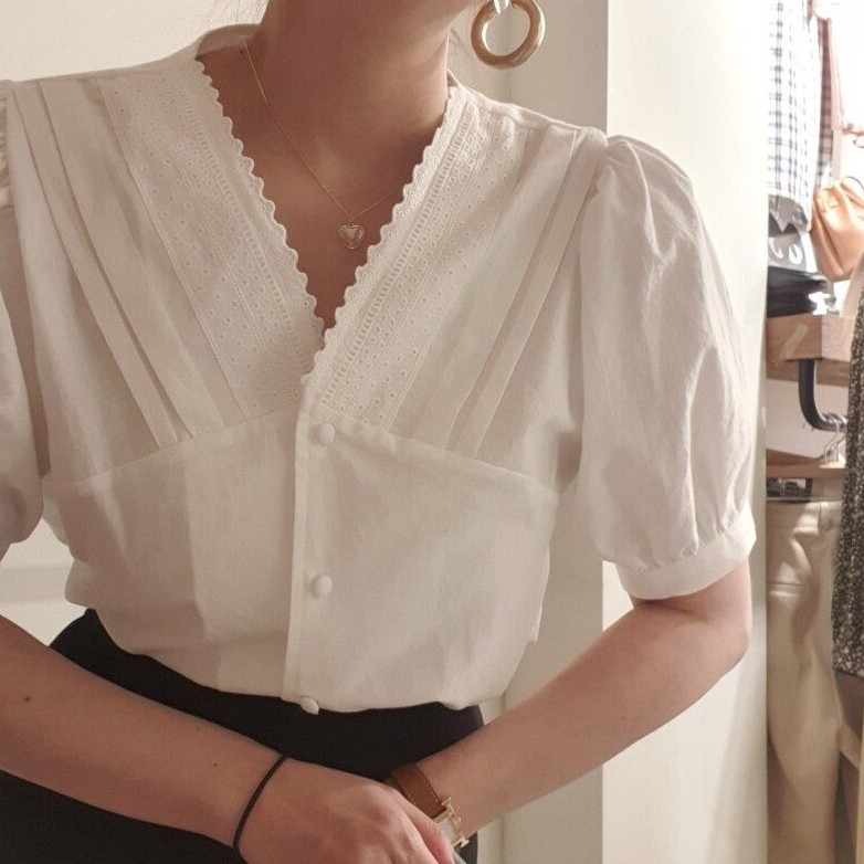 Áo Sơ Mi Nữ Cổ Chữ V Tay Ngắn Phối Ren Thời Trang 43052