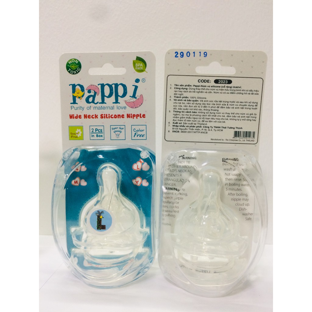 Núm vú silicone mềm cổ rộng Pappi hộp 2 cái Thailand