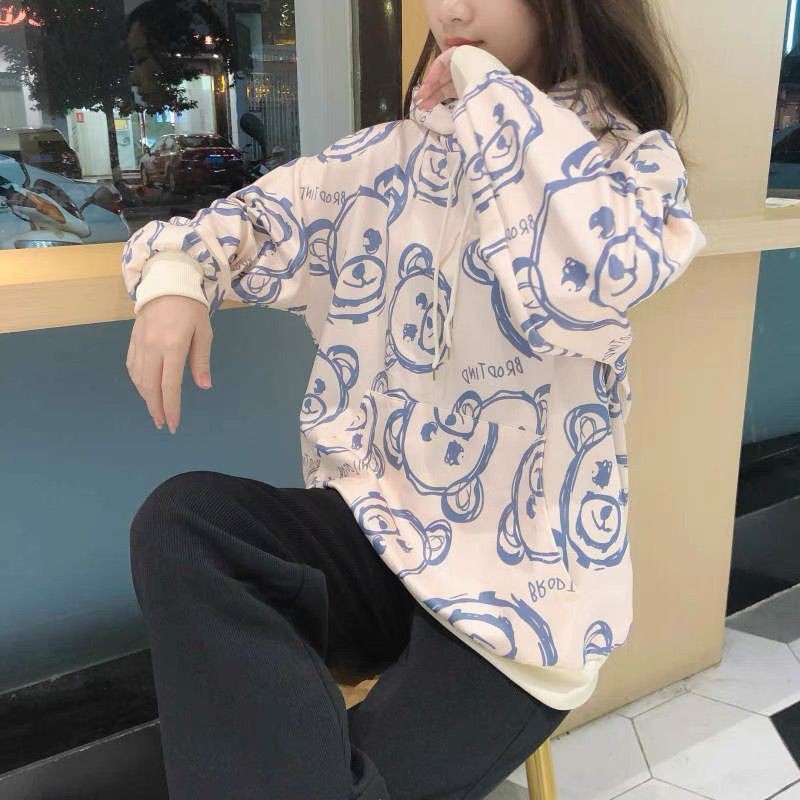 Áo khoác hoodie vải mềm hoạ tiết gấu đáng yêu thoải mái thời trang mùa thu dành cho nữ | BigBuy360 - bigbuy360.vn