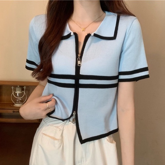 Áo thun ZHELIHANGFEI polo dệt kim ngắn tay phối khóa kéo thời trang
