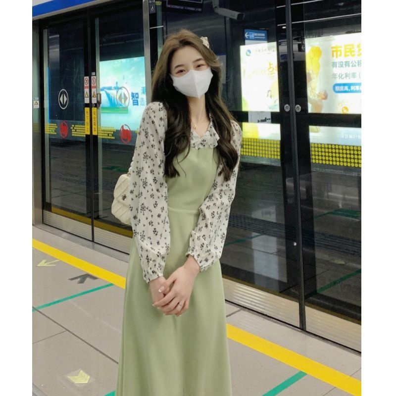 Đầm Dài Giả Hai Mảnh Họa Tiết Hoa Màu Xanh Lá Phong Cách Pháp Thanh Lịch Dành Cho Nữ