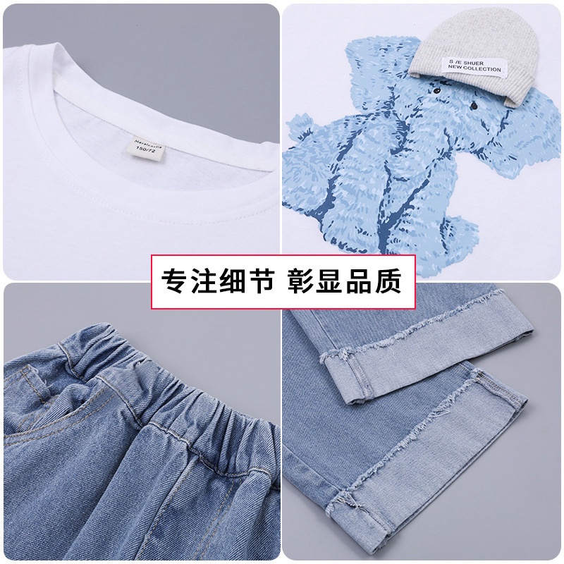 Set Đồ Thể Thao Mùa Hè 2 Món Gồm Áo Thun Tay Cộc + Quần Denim Thời Trang Hàn Quốc Cho Bé Gái 2022 Mới