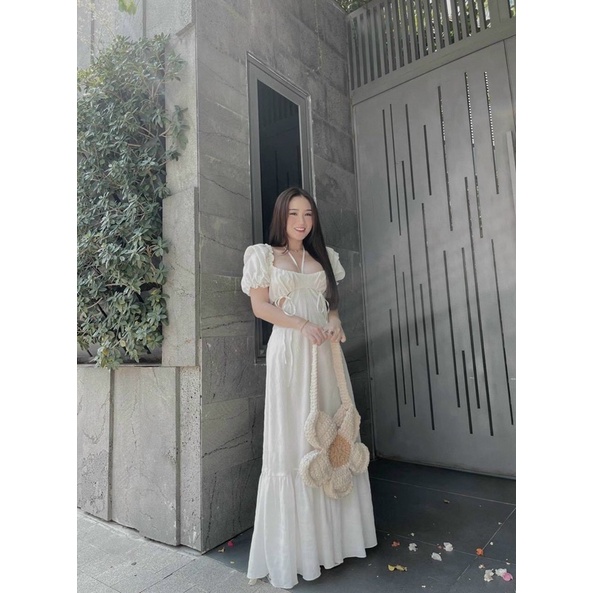 Đầm maxi xanh cutout lưng tay tiên viền bèo màu trắng/xanh lá/xanh dương NÀNG CLOSET