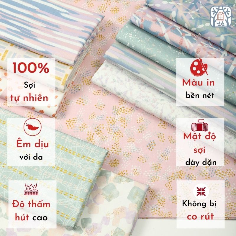 CS21-154 Vải cotton 100% tự nhiên🍒CHUANSHUI🍒khổ vải 145CM , hình học pastel - vải đẹp handmade, quilt, may vá