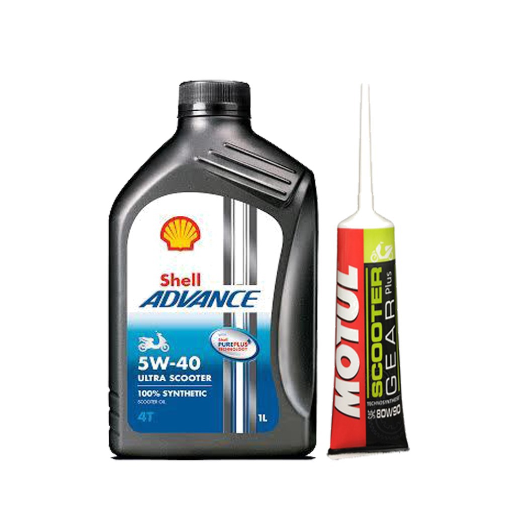 Combo Nhớt cao cấp cho xe tay ga đời mới Shell Ultra Scooter 4T 5W40 0.8L và Nhớt hộp số Motul Scooter Gear Plus