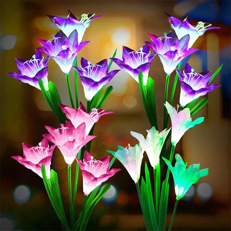 Outdoor Solar Powered LED Simulation Lifelike Silk Rose Lily Lamp/Artificial Flowers Ground Plug Light Install For Garden/Waterproof Lawn Path Landscape Decoration