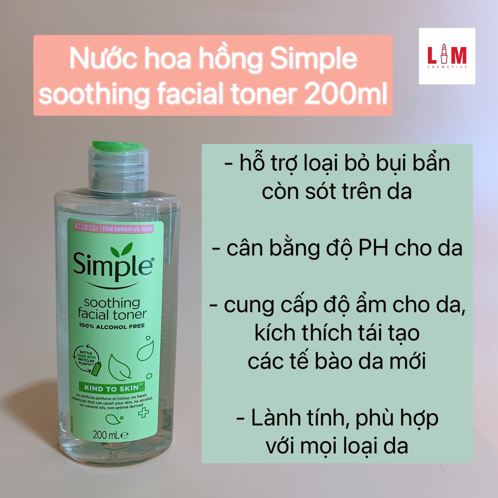 Nước hoa hồng cân bằng ẩm cho da Simple Smoothing Facial Toner 200ml [Chính Hãng]